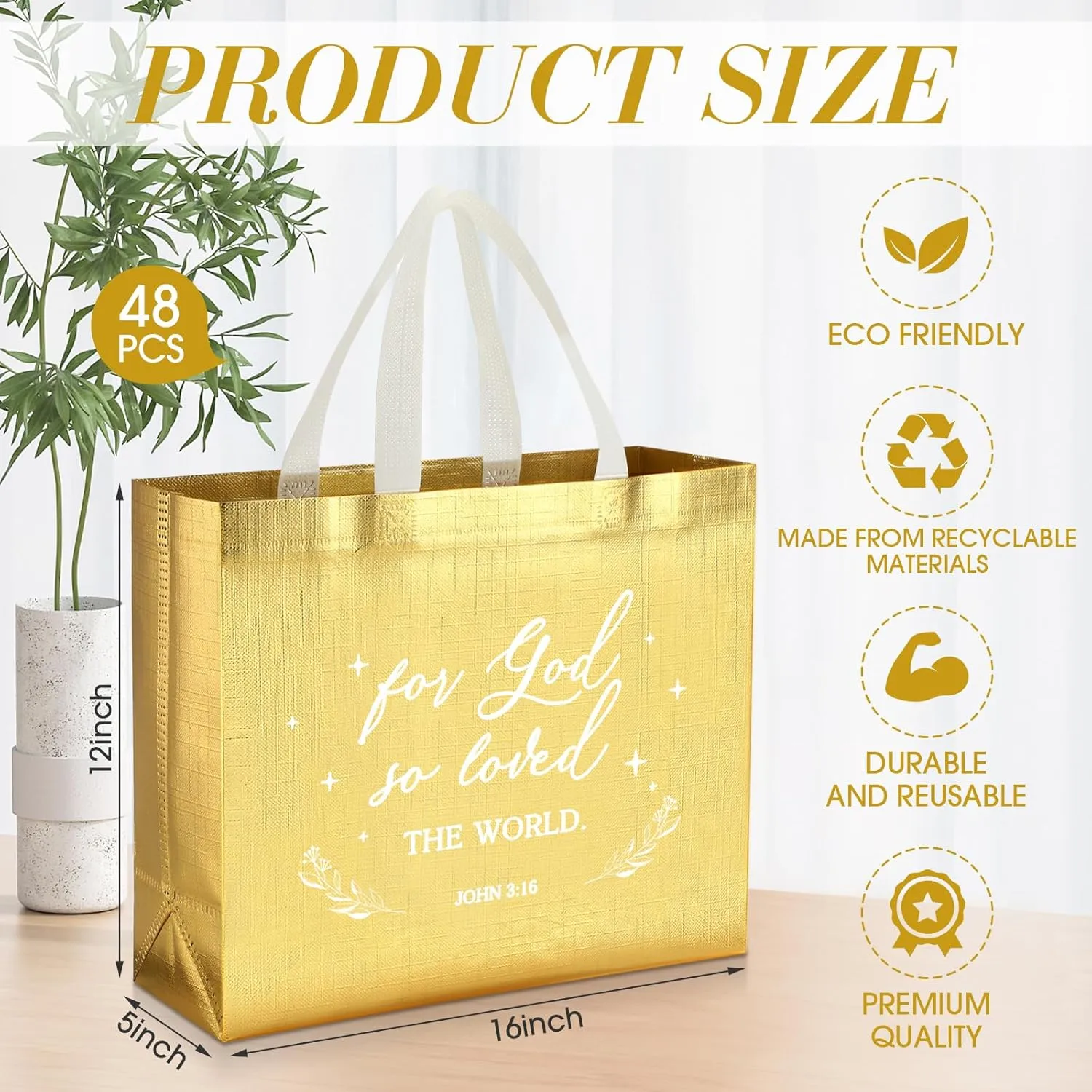 Cosblank 48 Pcs 16" Father's Day Christian Gift Bags Bulk with Handle Large Religious Gift Bags Bible Verse Baptism Tote Reusable Church Welcome Visitors Non Woven for Sunday School Family(Gold)