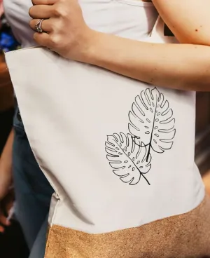 Cotton and cork tote bag with tropical leaf delicious monster