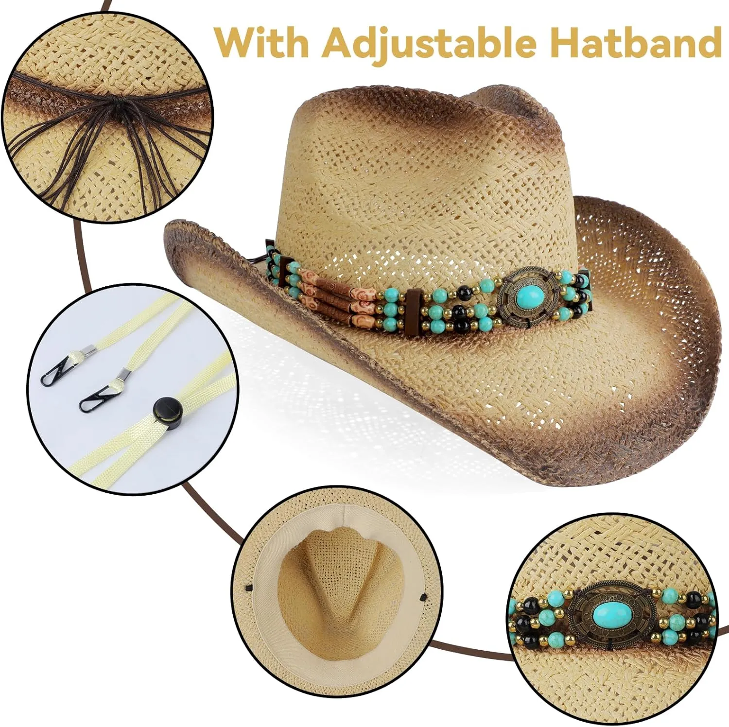 Cowboy Hat,Cowgirl Hat,Cowboy Hats for Women/Mens/Straw Wide with Shapeable Brim Western Cowboy Hat for Womens