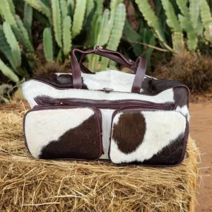 Cowhide Duffle Bag Brown And White Front Pockets
