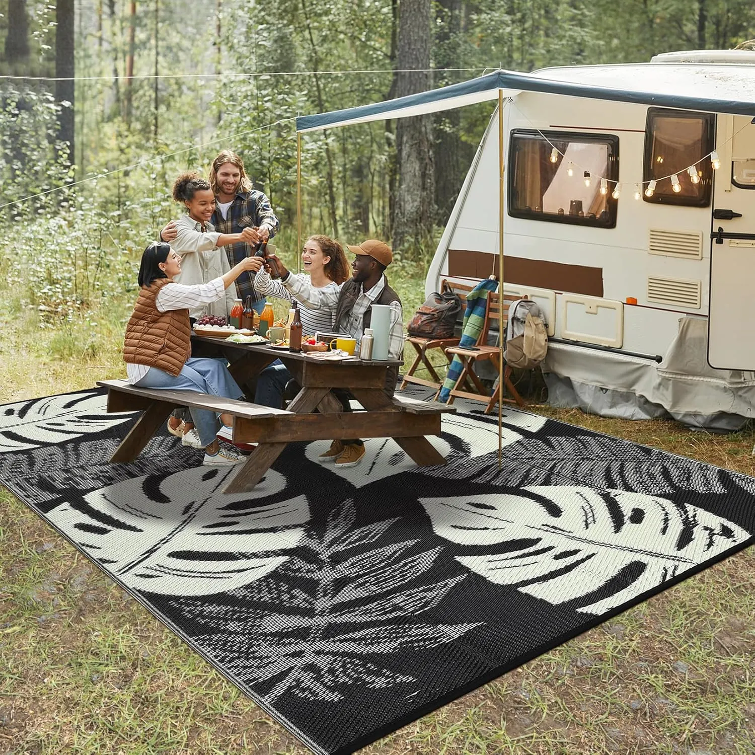 COZYLOOM Outdoor Rug 9' x 12' Waterproof for Patios Clearance, Reversible Plastic Straw Camping Carpet, Modern Leaf Large Area Rugs Mats RV, Picnic, Backyard, Deck, Balcony, Porch, Beach, Black Beige