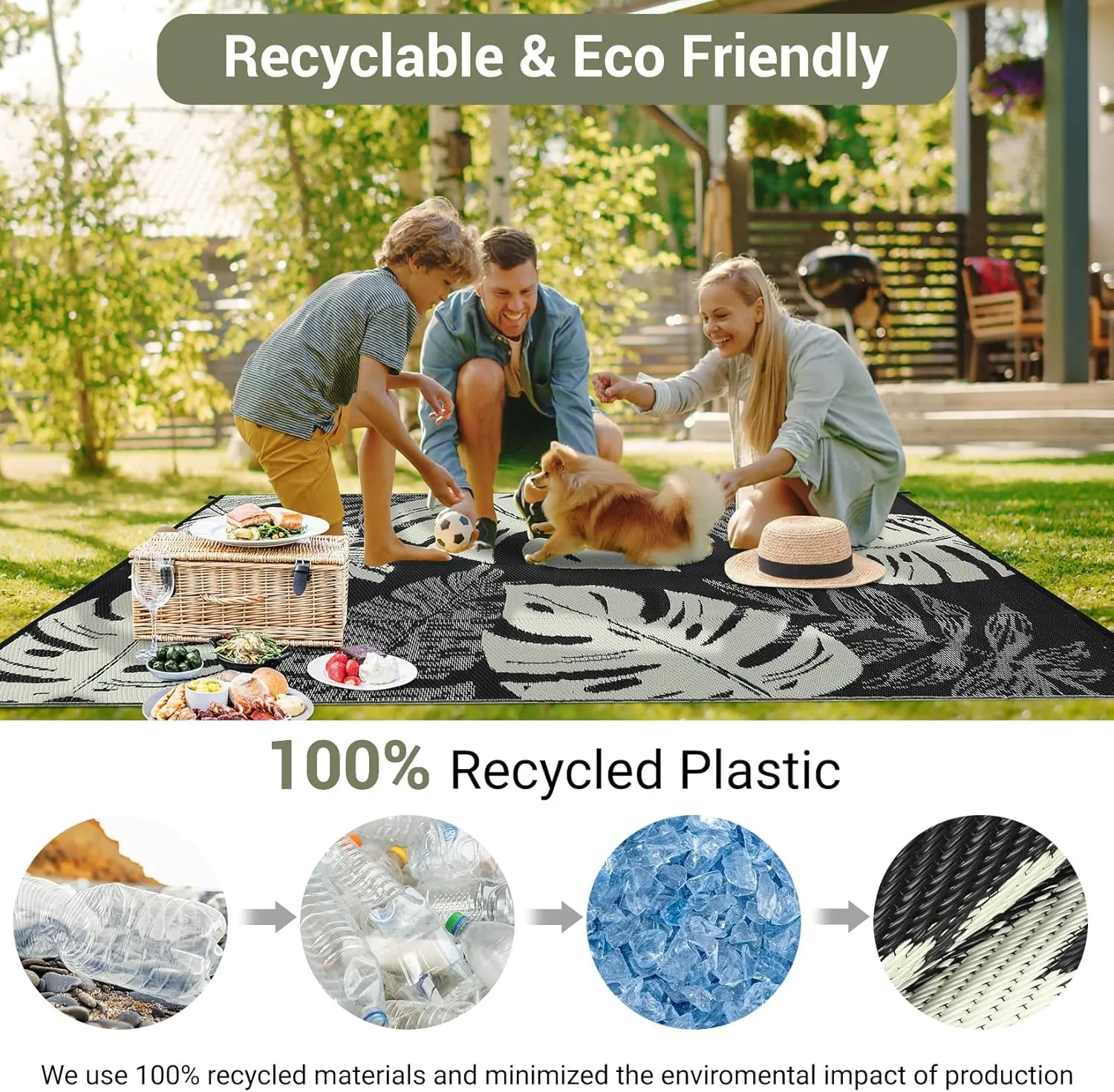 COZYLOOM Outdoor Rug 9' x 12' Waterproof for Patios Clearance, Reversible Plastic Straw Camping Carpet, Modern Leaf Large Area Rugs Mats RV, Picnic, Backyard, Deck, Balcony, Porch, Beach, Black Beige
