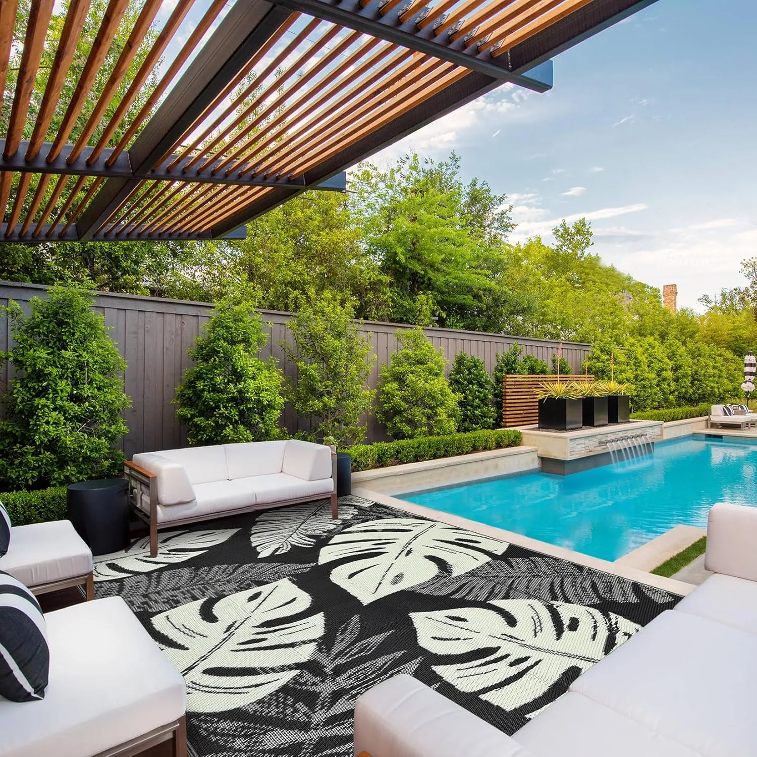 COZYLOOM Outdoor Rug 9' x 12' Waterproof for Patios Clearance, Reversible Plastic Straw Camping Carpet, Modern Leaf Large Area Rugs Mats RV, Picnic, Backyard, Deck, Balcony, Porch, Beach, Black Beige