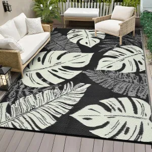 COZYLOOM Outdoor Rug 9' x 12' Waterproof for Patios Clearance, Reversible Plastic Straw Camping Carpet, Modern Leaf Large Area Rugs Mats RV, Picnic, Backyard, Deck, Balcony, Porch, Beach, Black Beige