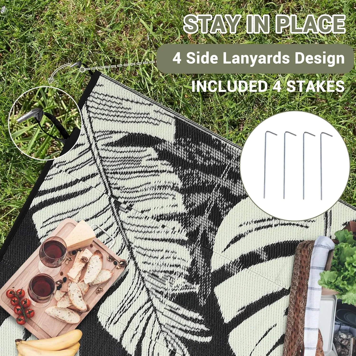COZYLOOM Outdoor Rug 9' x 12' Waterproof for Patios Clearance, Reversible Plastic Straw Camping Carpet, Modern Leaf Large Area Rugs Mats RV, Picnic, Backyard, Deck, Balcony, Porch, Beach, Black Beige