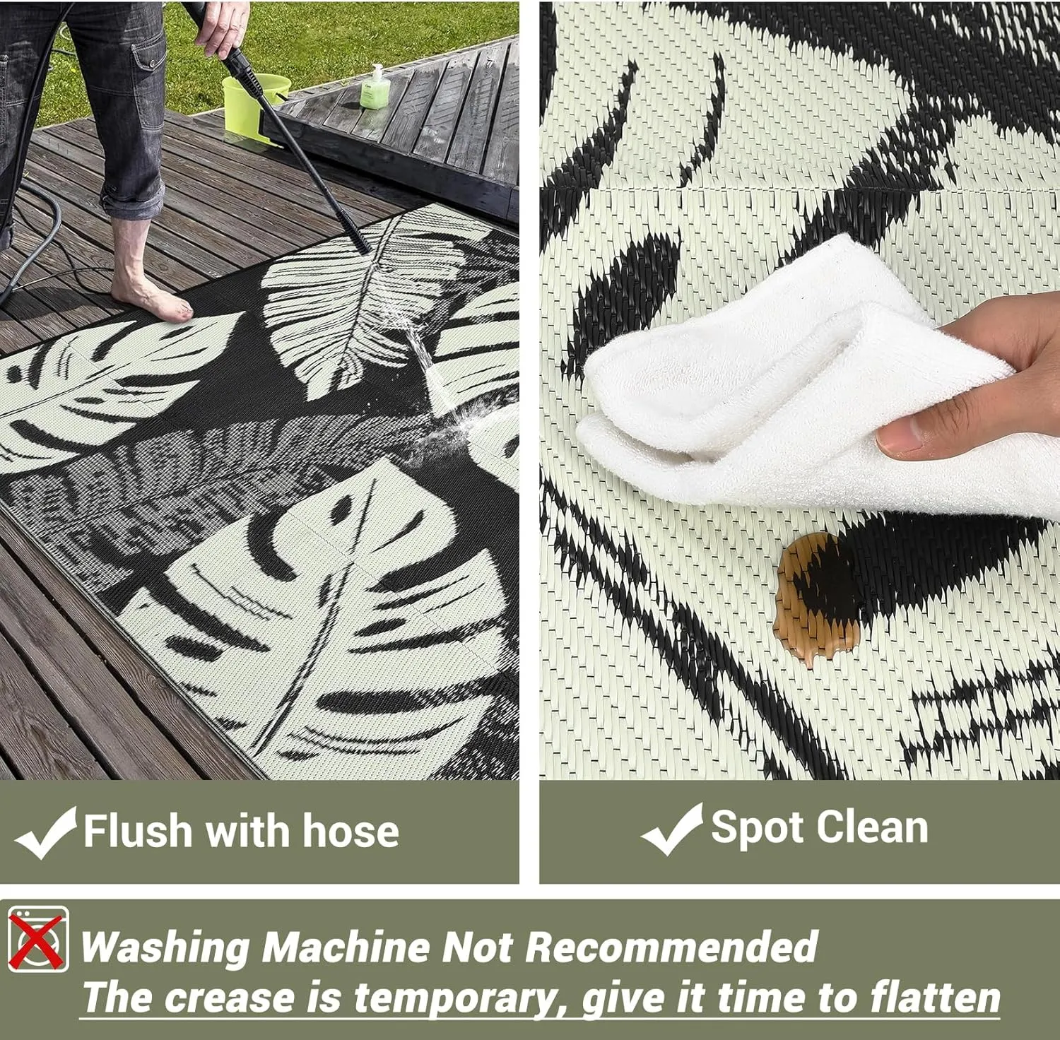 COZYLOOM Outdoor Rug 9' x 12' Waterproof for Patios Clearance, Reversible Plastic Straw Camping Carpet, Modern Leaf Large Area Rugs Mats RV, Picnic, Backyard, Deck, Balcony, Porch, Beach, Black Beige