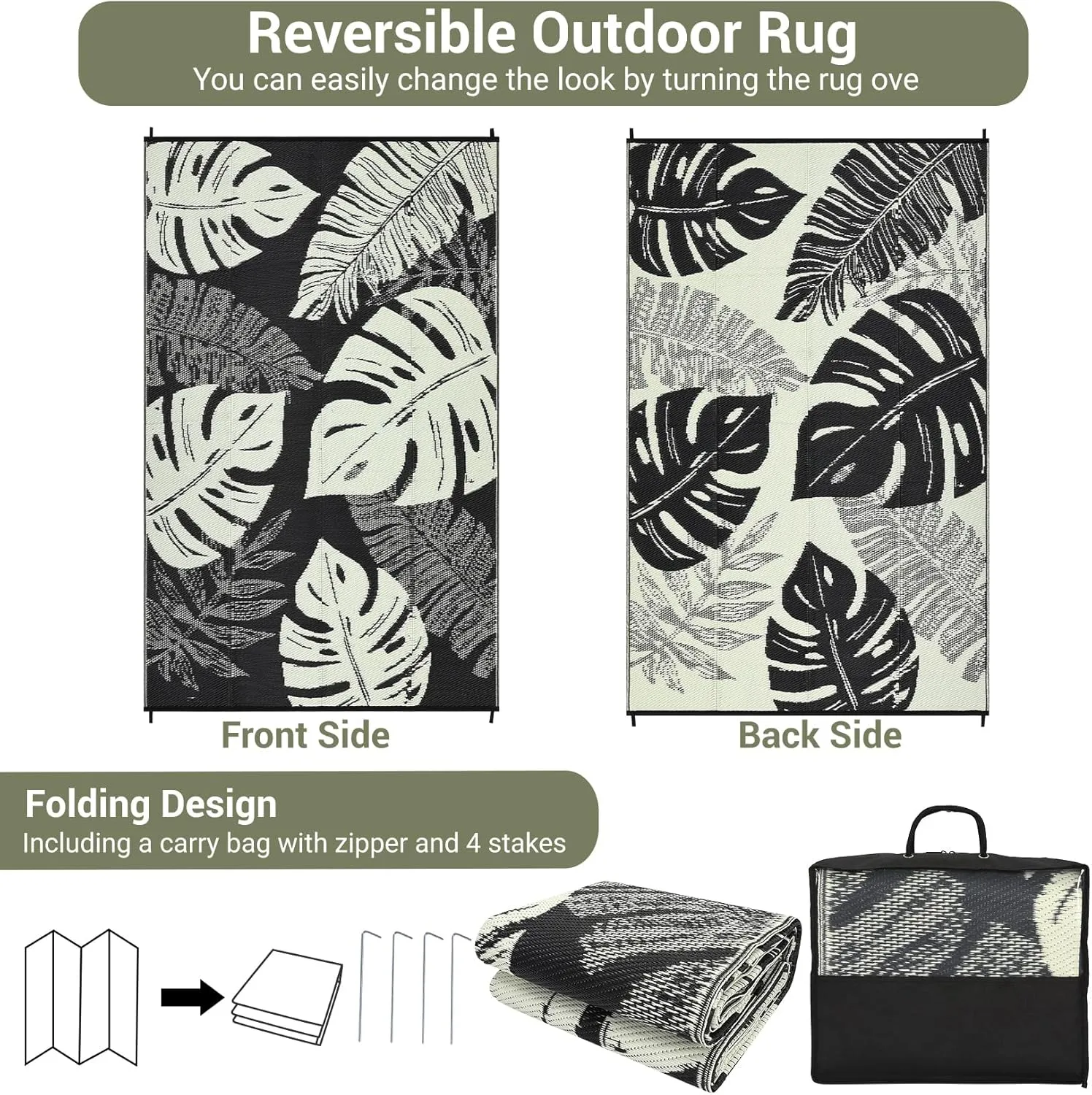 COZYLOOM Outdoor Rug 9' x 12' Waterproof for Patios Clearance, Reversible Plastic Straw Camping Carpet, Modern Leaf Large Area Rugs Mats RV, Picnic, Backyard, Deck, Balcony, Porch, Beach, Black Beige
