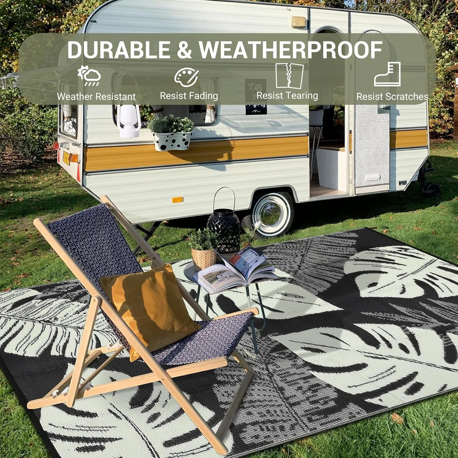 COZYLOOM Outdoor Rug 9' x 12' Waterproof for Patios Clearance, Reversible Plastic Straw Camping Carpet, Modern Leaf Large Area Rugs Mats RV, Picnic, Backyard, Deck, Balcony, Porch, Beach, Black Beige