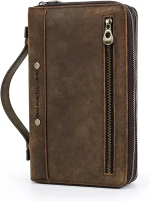 Crazy Horse Leather Men Clutch Hand Bags Genuine Leather Purse RFID Wallet Large Capacity Business Card Multifunction Zipper Handbag