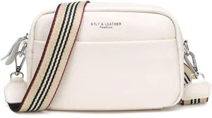 Crossbody Bag for Women Genuine Leather Wide Strap Shoulder Bag Purse Trendy Design Camera Crossbody Purse Top Zip