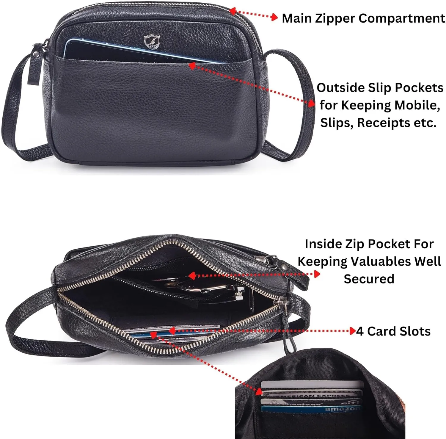 Crossbody Sling Bag for Women Trendy Real Leather Purse Mini Soft Pebbled Crossover with Card Case