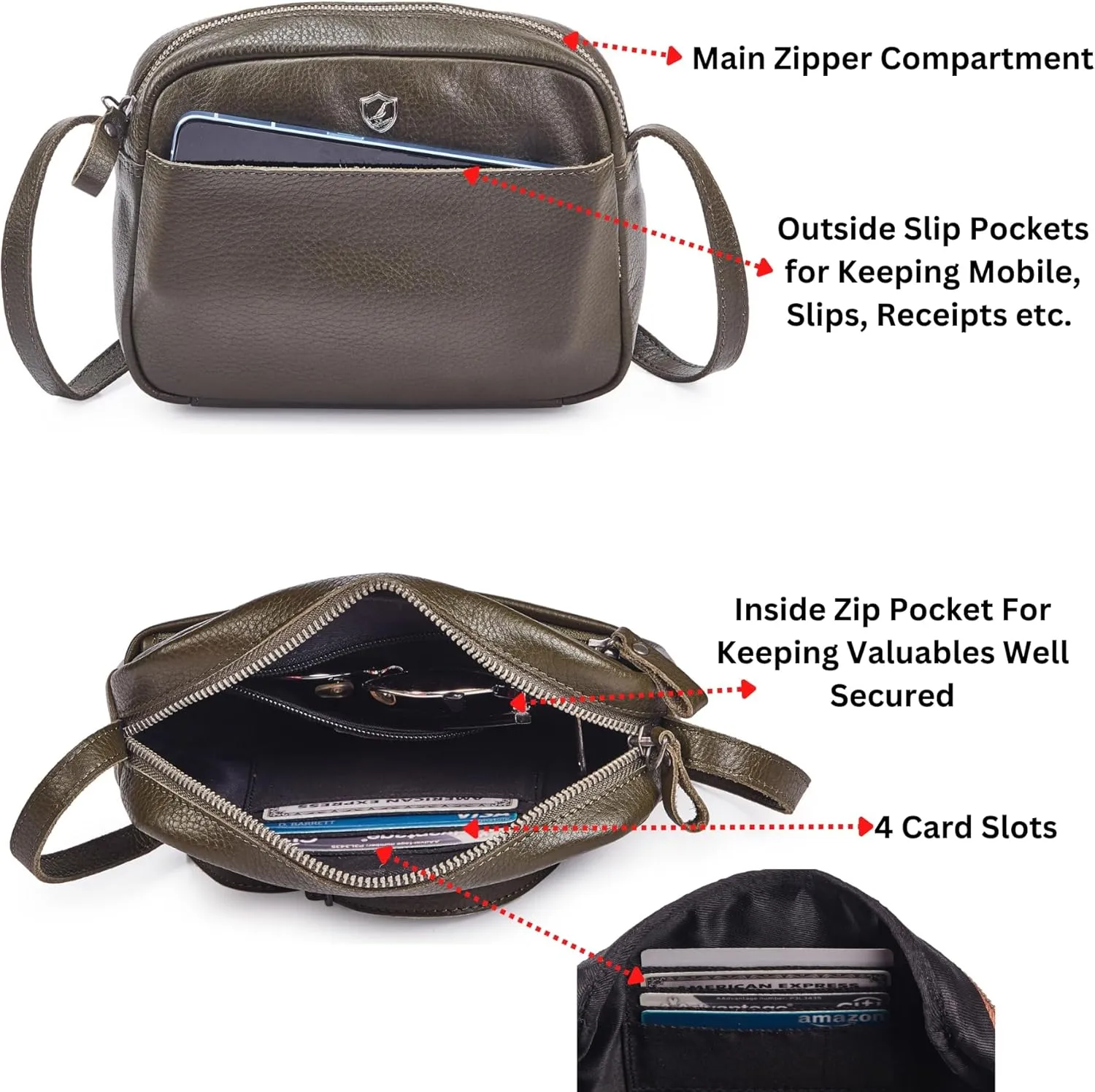 Crossbody Sling Bag for Women Trendy Real Leather Purse Mini Soft Pebbled Crossover with Card Case