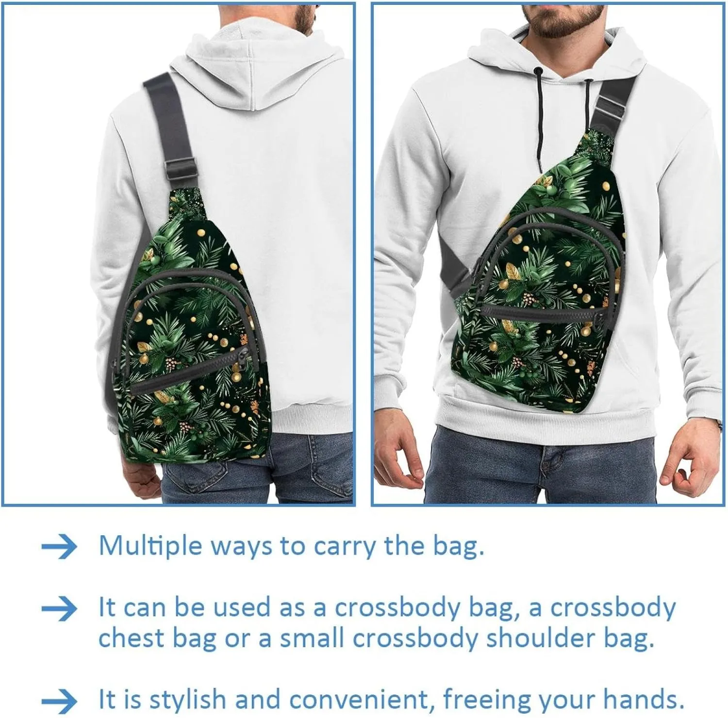 Crossbody Small Sling Bag Backpack for Women Men, Christmas pattern with green botanical and gold elements 1 Chest Daypack Crossbody Travel Sports Hiking