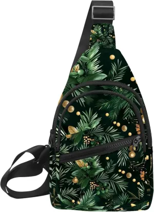 Crossbody Small Sling Bag Backpack for Women Men, Christmas pattern with green botanical and gold elements 1 Chest Daypack Crossbody Travel Sports Hiking