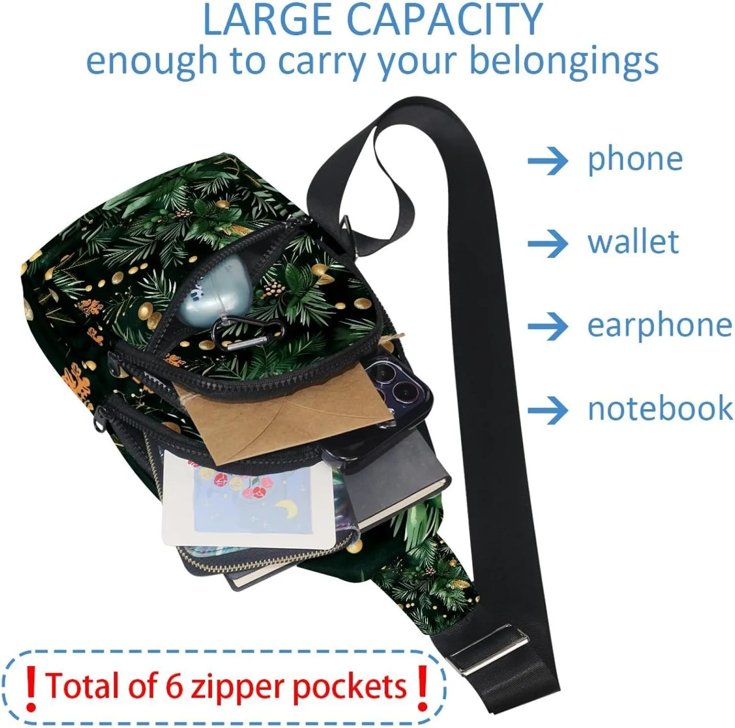 Crossbody Small Sling Bag Backpack for Women Men, Christmas pattern with green botanical and gold elements 1 Chest Daypack Crossbody Travel Sports Hiking