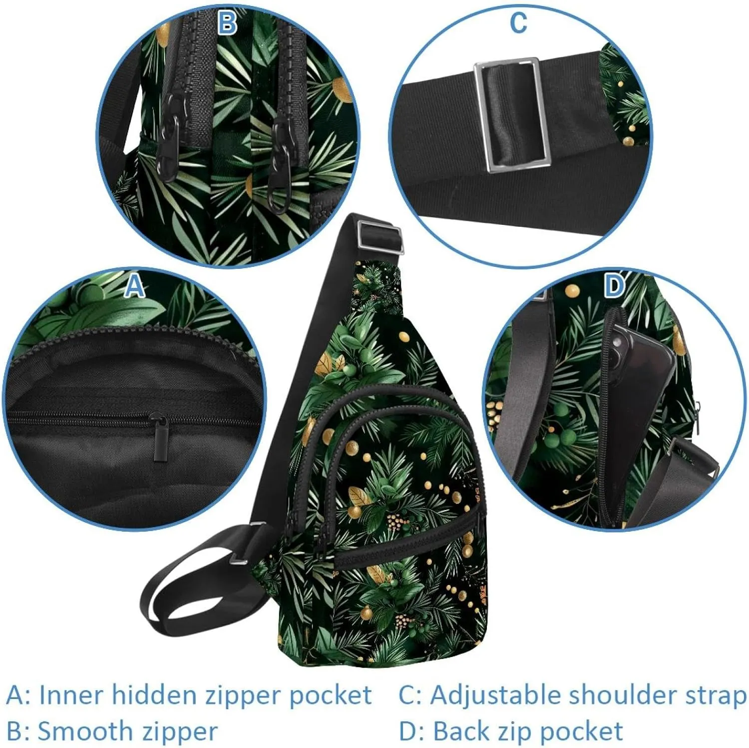 Crossbody Small Sling Bag Backpack for Women Men, Christmas pattern with green botanical and gold elements 1 Chest Daypack Crossbody Travel Sports Hiking
