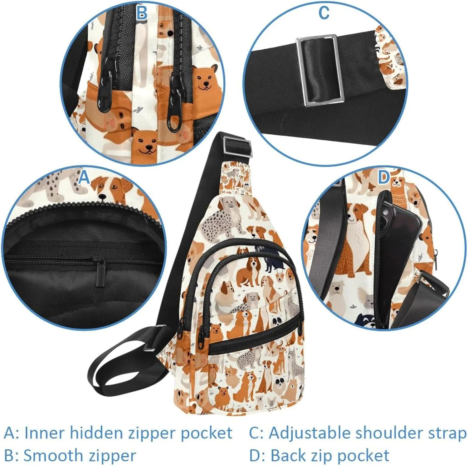 Crossbody Small Sling Bag Backpack for Women Men, Different Breeds of Dog Chest Daypack Crossbody Travel Sports Hiking