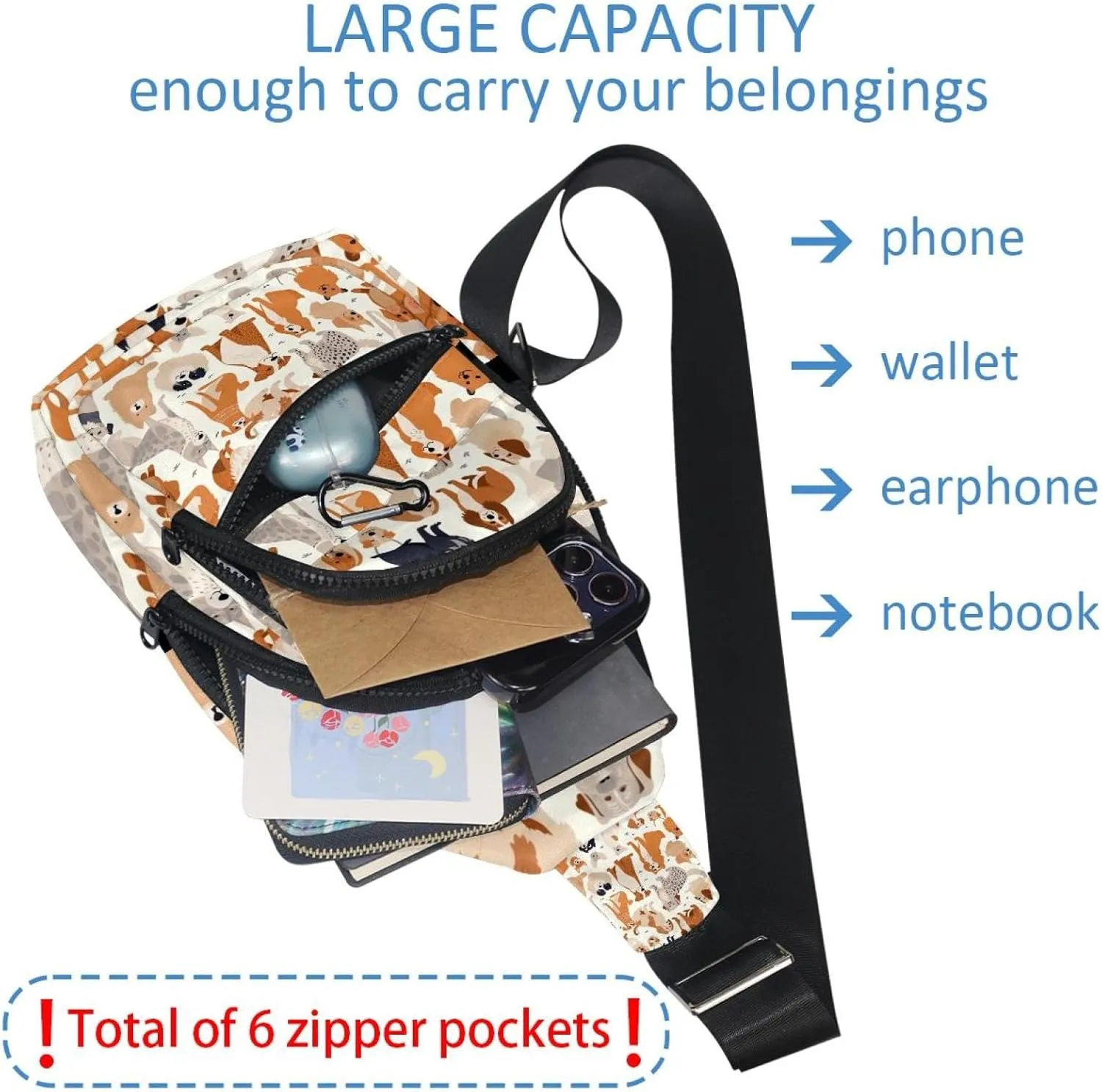 Crossbody Small Sling Bag Backpack for Women Men, Different Breeds of Dog Chest Daypack Crossbody Travel Sports Hiking
