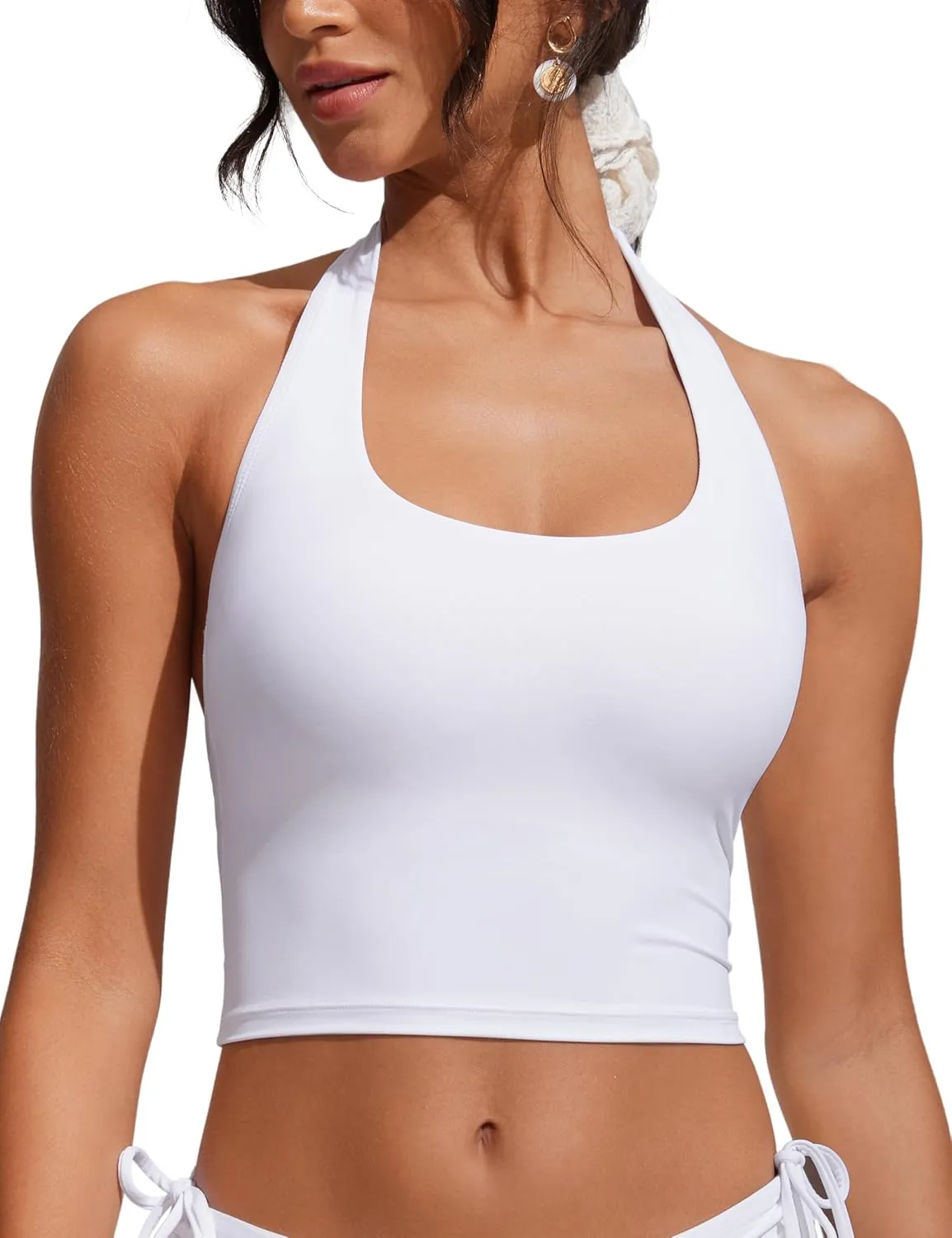 CRZ YOGA Womens Halter Bikini Tops Full Coverage Swim Bathing Suit Scoop Neck Backless Swimsuit Padded