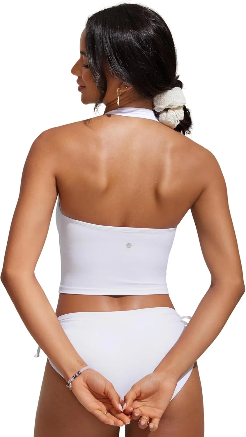 CRZ YOGA Womens Halter Bikini Tops Full Coverage Swim Bathing Suit Scoop Neck Backless Swimsuit Padded