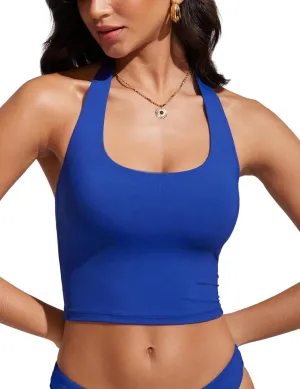 CRZ YOGA Womens Halter Bikini Tops Full Coverage Swim Bathing Suit Scoop Neck Backless Swimsuit Padded