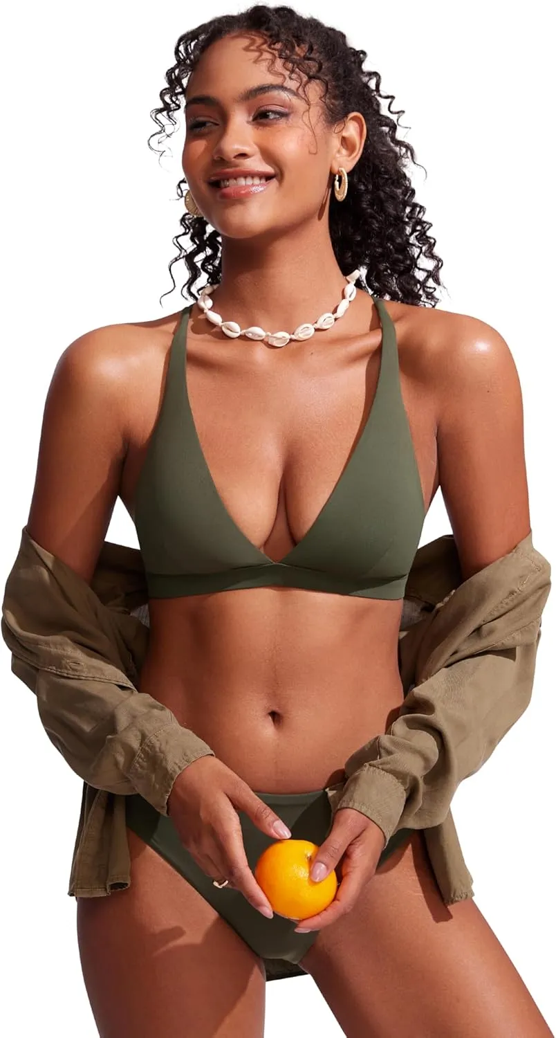 CRZ YOGA Womens V Neck Bikini Tops Criss Cross Back Sexy Swim Bathing Suit Bra Padded
