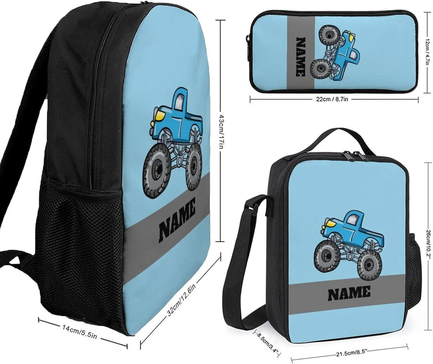 Custom Cartoon Car Backpack Personalized 3 Piece Set Backpack with Your Name Text School Bag Customized Bookbag with Lunch Box and Pencil Case Set for Boys Girls Student
