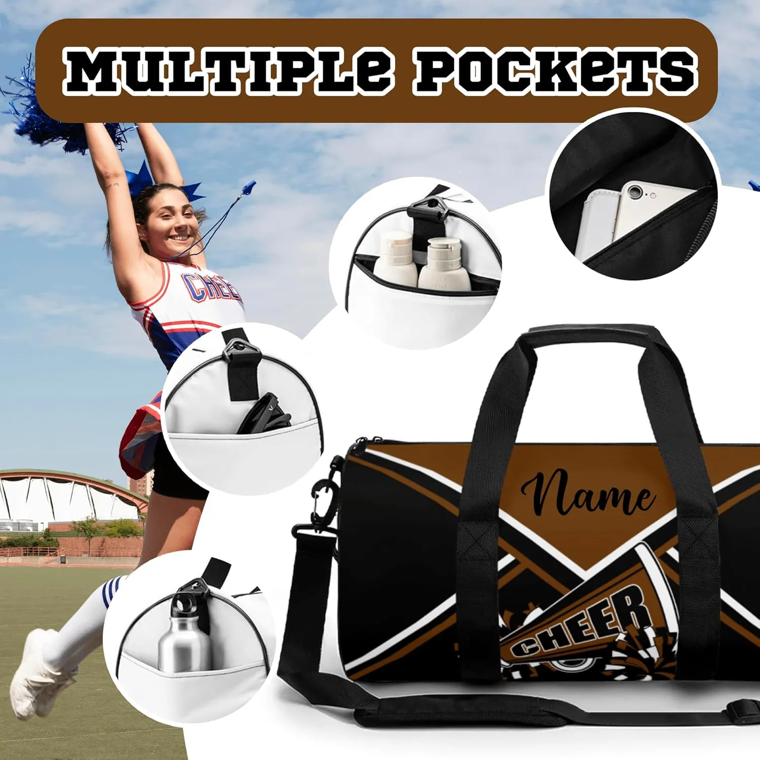 Custom Cheer Bags for Cheerleaders, Personalized Cheerleading Bag with Name Sports Duffle Bag Gym Travel Perform Training Bag (Brown)