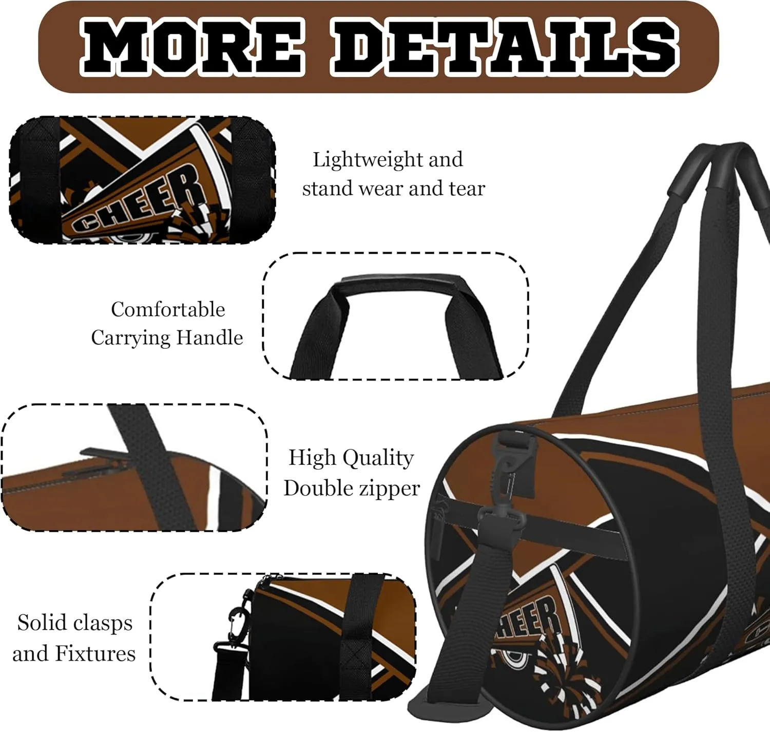 Custom Cheer Bags for Cheerleaders, Personalized Cheerleading Bag with Name Sports Duffle Bag Gym Travel Perform Training Bag (Brown)