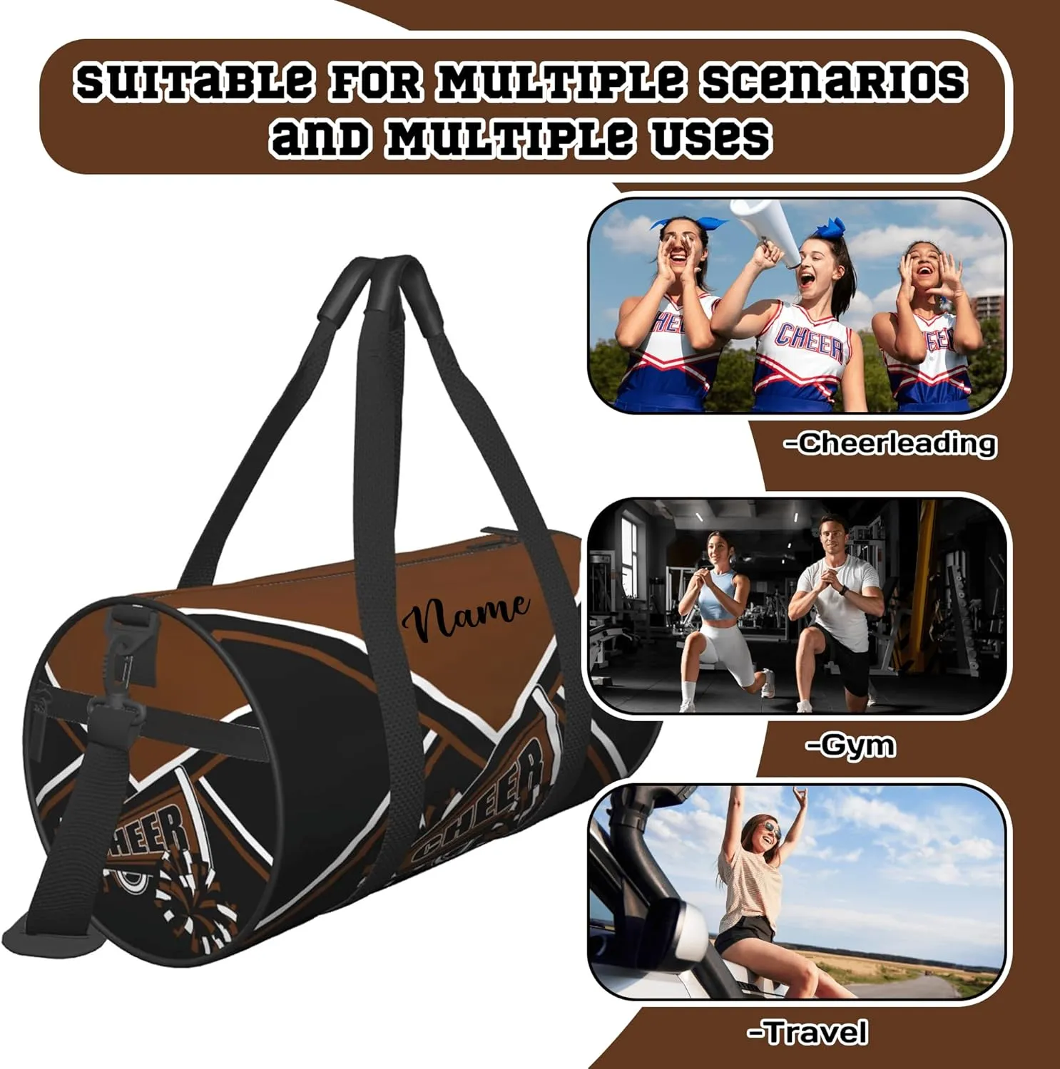 Custom Cheer Bags for Cheerleaders, Personalized Cheerleading Bag with Name Sports Duffle Bag Gym Travel Perform Training Bag (Brown)