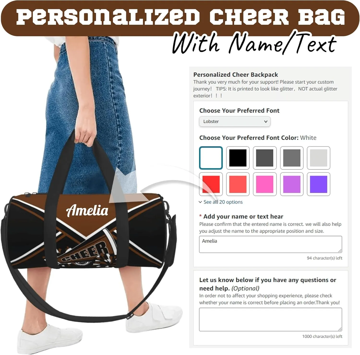 Custom Cheer Bags for Cheerleaders, Personalized Cheerleading Bag with Name Sports Duffle Bag Gym Travel Perform Training Bag (Brown)