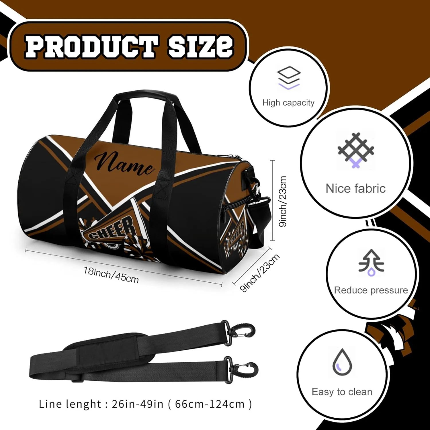 Custom Cheer Bags for Cheerleaders, Personalized Cheerleading Bag with Name Sports Duffle Bag Gym Travel Perform Training Bag (Brown)