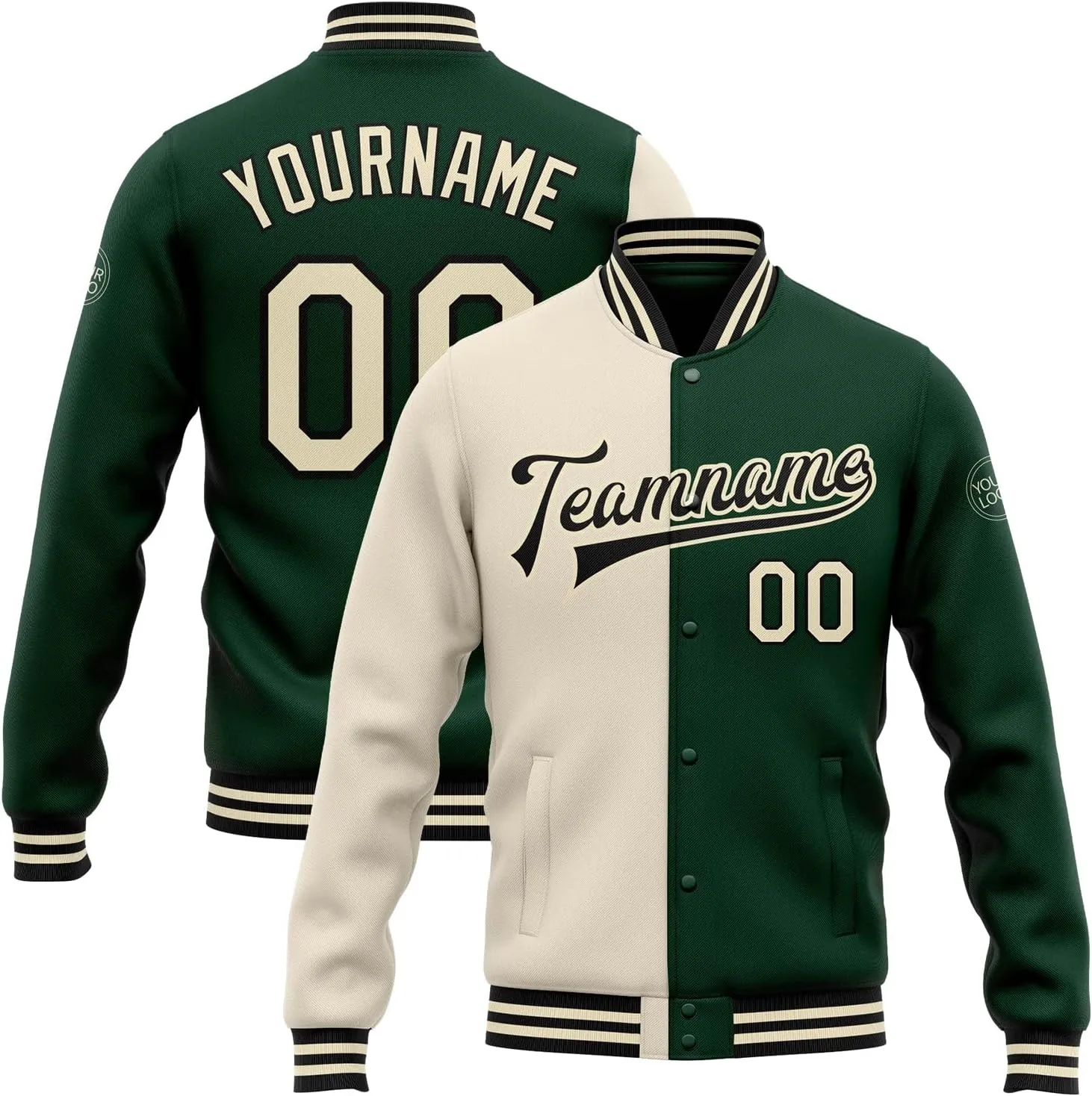 Custom Name Team Name Number Green Cream Fashion Jacket, Personalized Team Name Number Letterman Jacket Baseball Jacket
