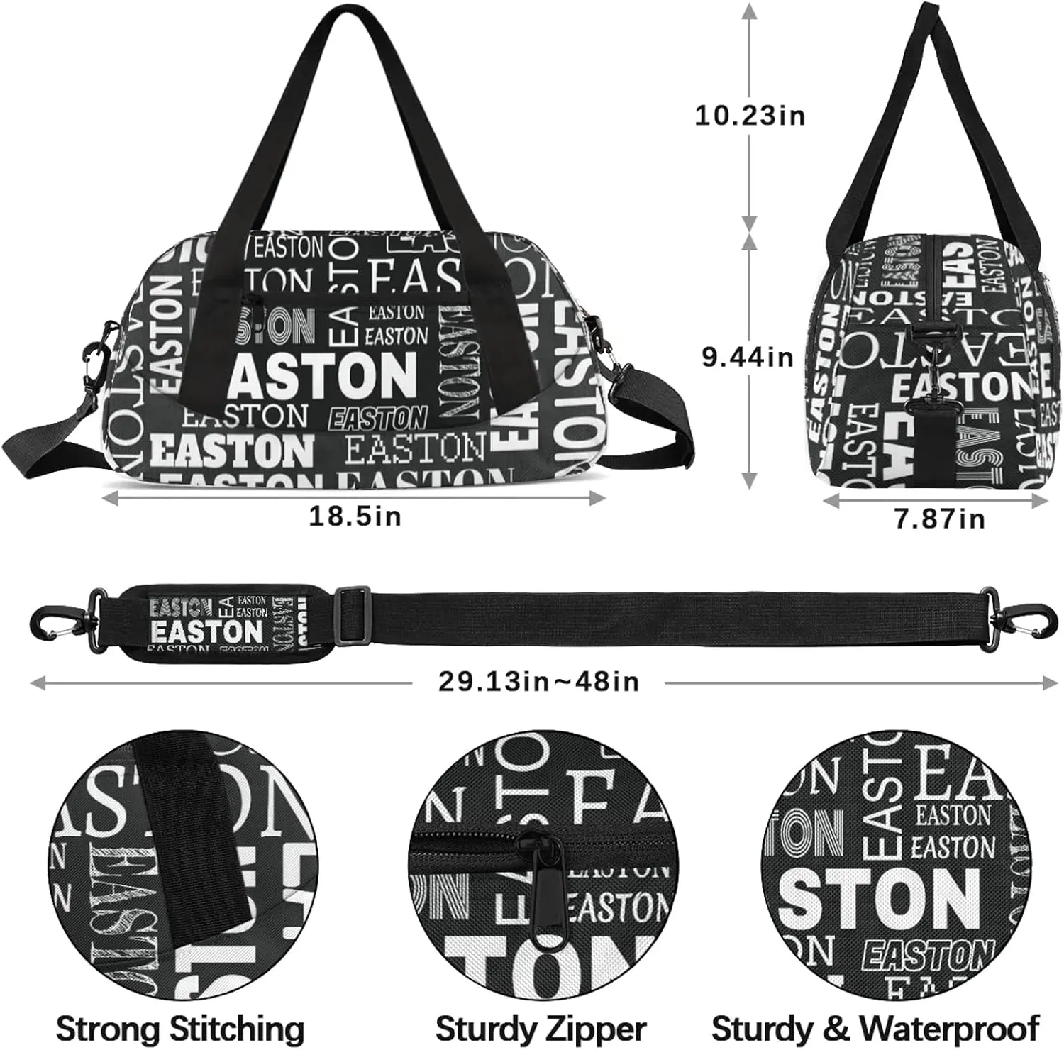 Custom Sport Gym Duffel Bag with Name Personalized Travel Overnight Bag Waterproof Customized Dance Bag Carry-On Tote 18.5in, Black