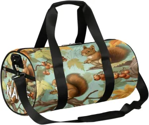 Customized Sports Gym Duffel Bag for Women & Men with Name,Cute Squirrel Maple Leaf Fall Waterproof Personalized Tote Travel Beach Bag for Weekender Overnight Dance Carry-On Bag