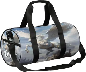 Customized Sports Gym Duffel Bag for Women & Men with Name,Wings Horse Animal Pattern Waterproof Personalized Tote Travel Beach Bag for Weekender Overnight Dance Carry-On Bag