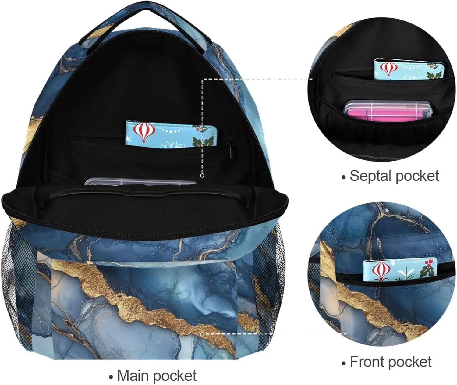Cute Backpack for Men Women Fashion Diaper Bag Backpack with Chest Strap for Business Work College Travel Trip Marble Royal Blue Grey