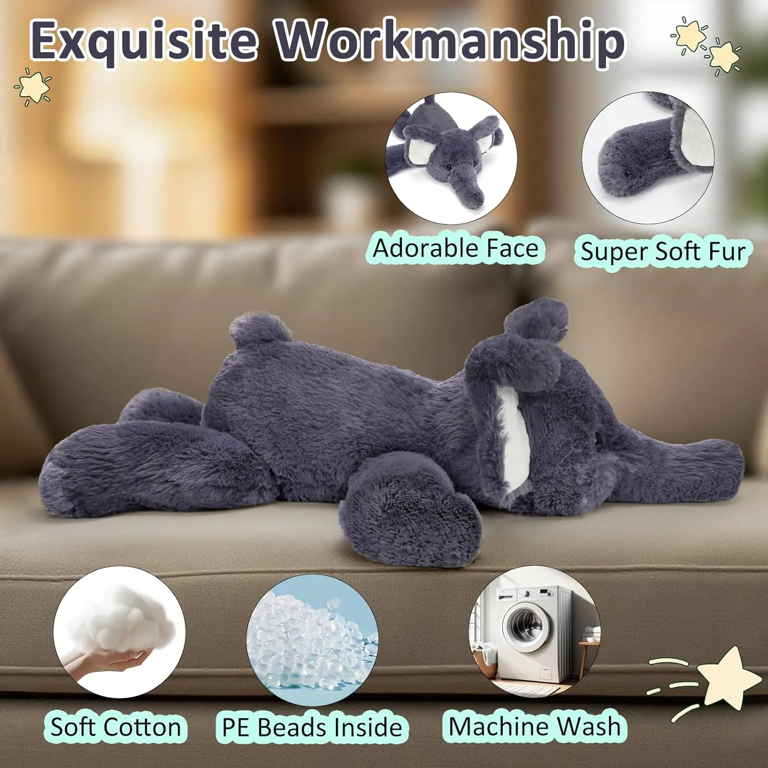 Cute Elephant Plush Toy 18.9 Inch Soft Elephant Stuffed Animal Plushie Kawaii Birthday Gift for Children Kids Girls Boys