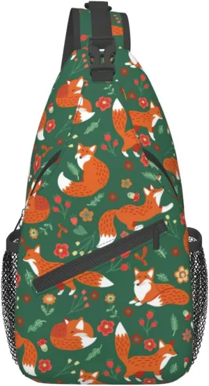 Cute Foxes Flowers Mushrooms Small Sling Bag for Women Men's Crossbody Sling Backpack Casual Hiking Daypack Shoulder Chest Bag with Adjustable Strap