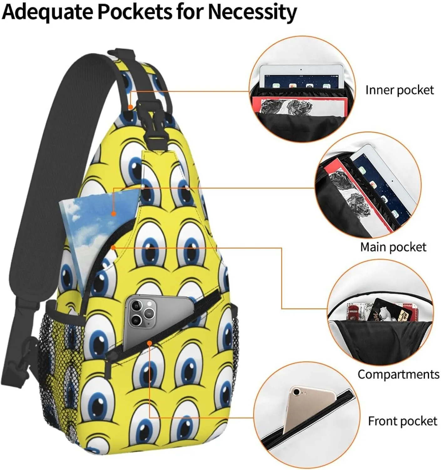 Cute Funny Cartoon Sketch Eyes Crossbody Bag Cross Chest Bag Adjustable Sling Backpack Sports Gym Shoulder Bags Travel Cycling Daypack Diagonally Casual Rucksack