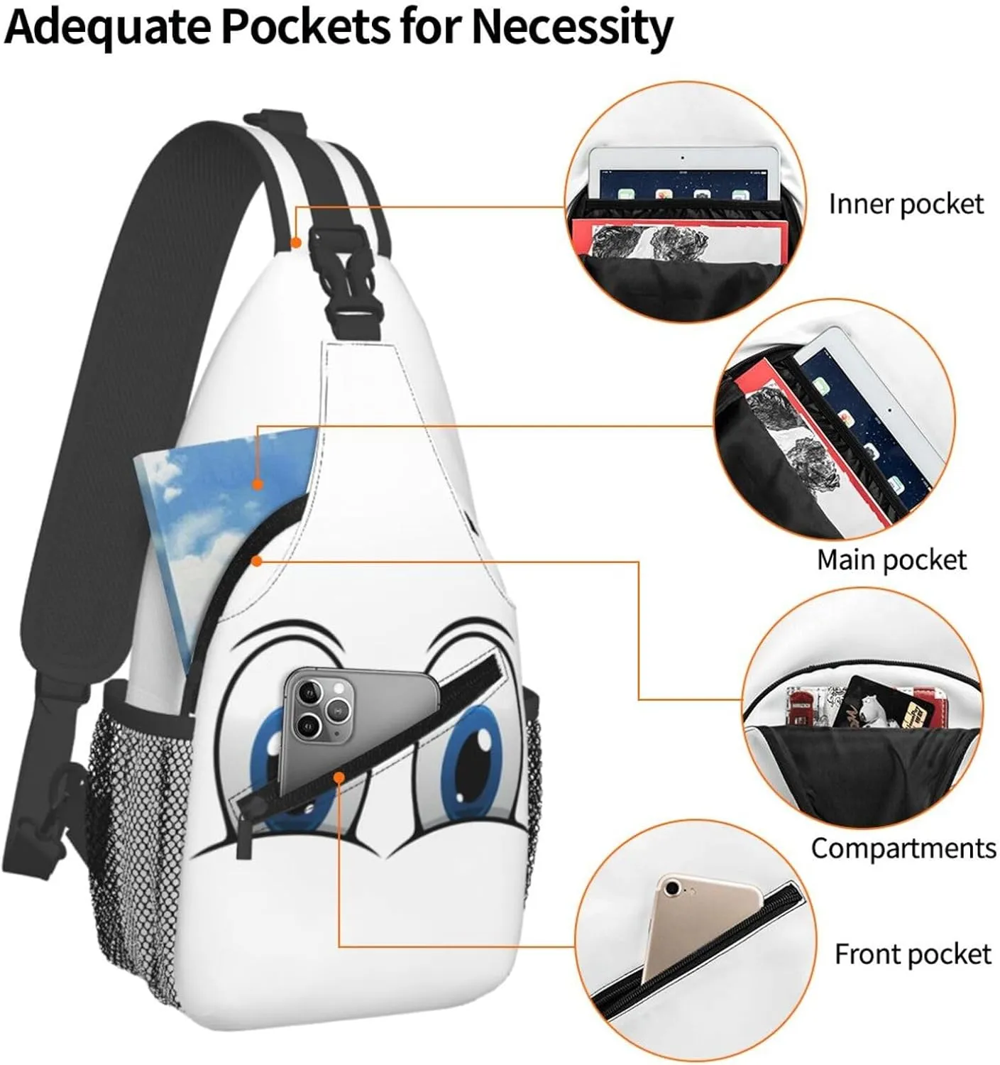 Cute Funny Cartoon Sketch Eyes Crossbody Bag Cross Chest Bag Adjustable Sling Backpack Sports Gym Shoulder Bags Travel Cycling Daypack Diagonally Casual Rucksack