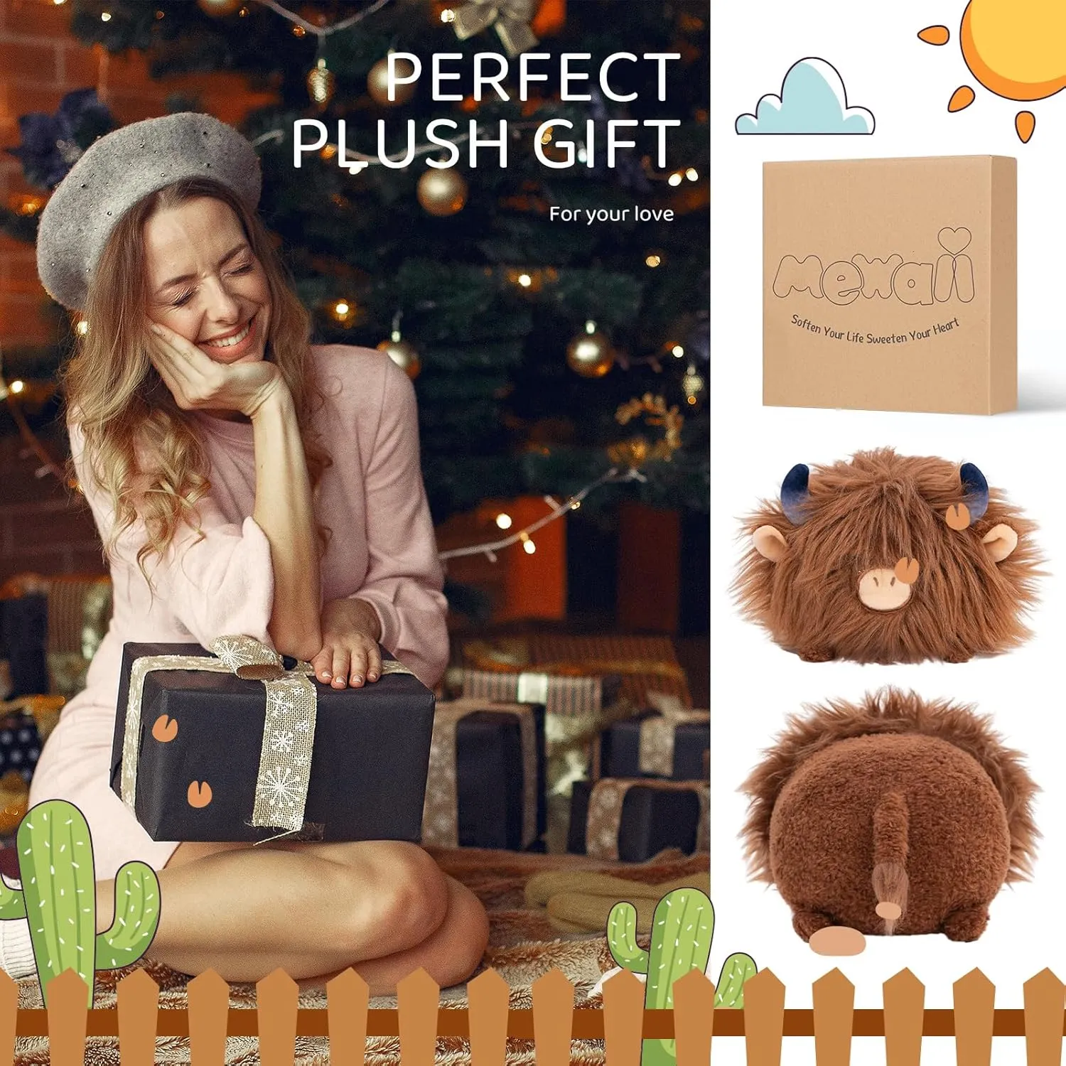 Cute Highland Cow Plush, Kawaii Plushies Cow Stuffed Animal, Highland Cow Toy Pillow, Soft Squishy Gifts for Girls (16 Inch)