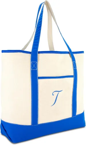 DALIX Women's Canvas Tote Bag Satchel Shoulder Bags Royal Blue Monogram A-Z