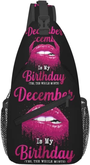 December Is My Birthday Glitter Pink Lips Crossbody Bag Cross Chest Bag Adjustable Sling Backpack Sports Gym Shoulder Bags Travel Cycling Daypack Diagonally Casual Rucksack
