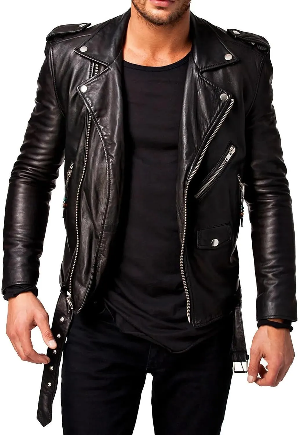 DECIMAL Men's Black REAL Lambskin Leather Biker Jacket VINTAGE GENUINE MOTORCYCLE JACKETS FOR MEN