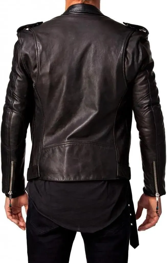 DECIMAL Men's Black REAL Lambskin Leather Biker Jacket VINTAGE GENUINE MOTORCYCLE JACKETS FOR MEN
