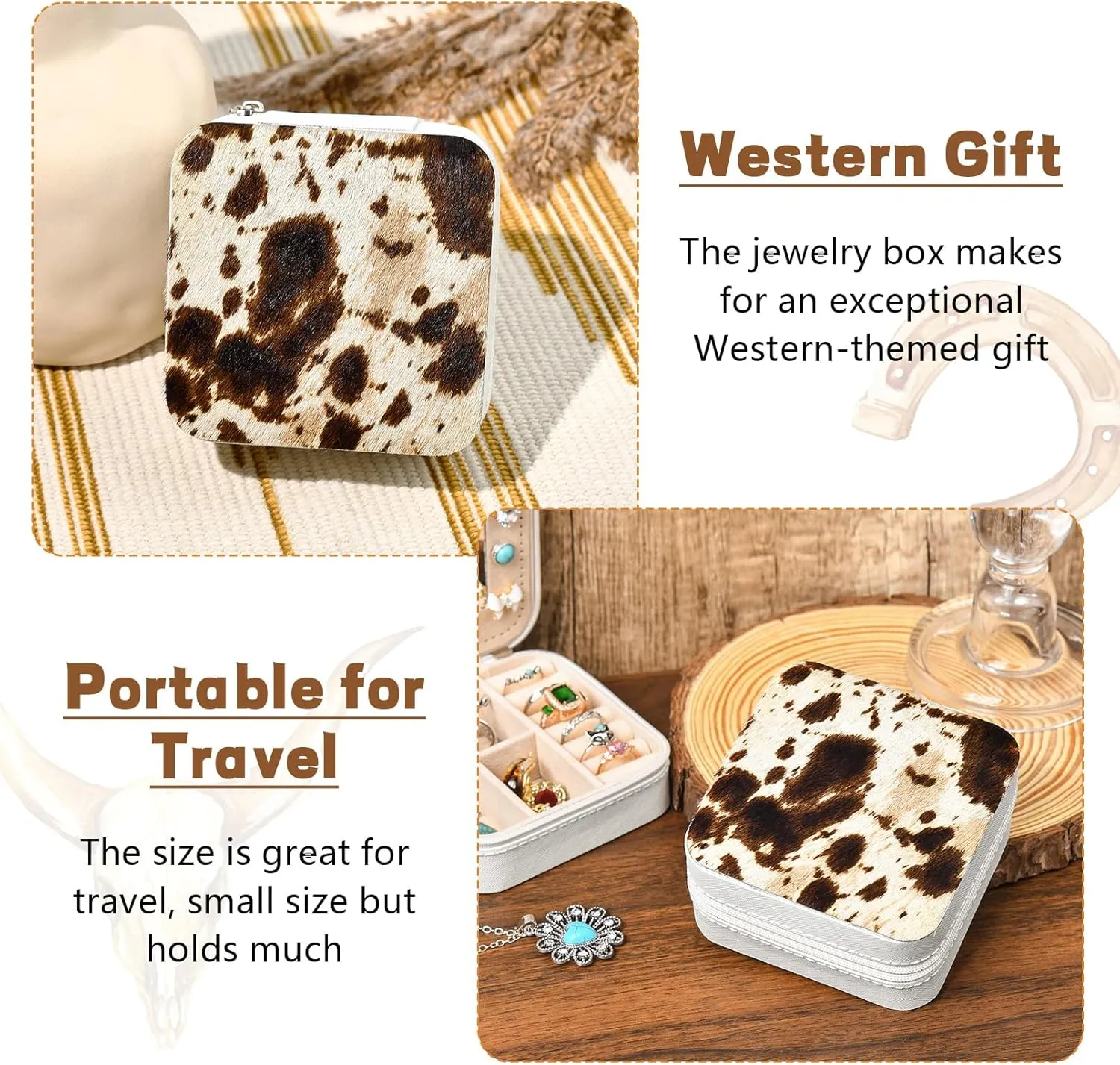 DEEKA Western Jewelry Box Case Real Leather Cow Print Cowhide Tooled Travel Jewelry Organizer Gifts Christmas Gifts for Women Country Girls Cowgirl Stuff Portable Travel Accessories -Brown