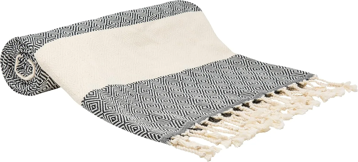 Deerlux 100% Cotton Turkish Bath Towel, 40" x 70" Diamond Peshtemal Set of 2, Black