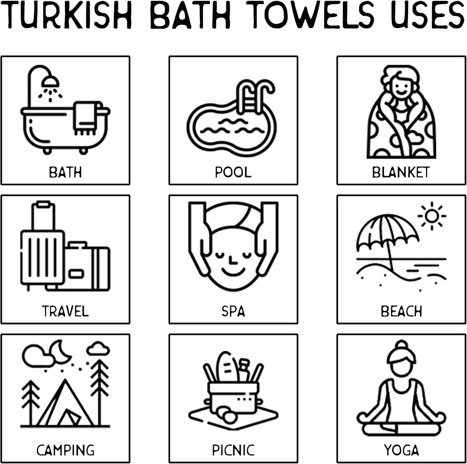 Deerlux 100% Cotton Turkish Bath Towel, 40" x 70" Diamond Peshtemal Set of 2, Black