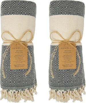 Deerlux 100% Cotton Turkish Bath Towel, 40" x 70" Diamond Peshtemal Set of 2, Black